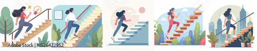 vector character woman climbing stairs