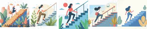 vector character woman climbing stairs