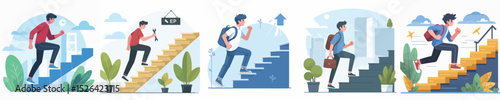 young man character vector climbing stairs