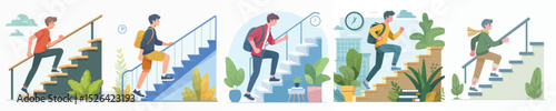young man character vector climbing stairs