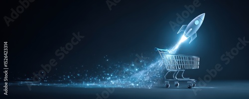 Futuristic Shopping Cart with Rocket Launching Into Space Illustrating Innovative E-commerce and Modern Retail Technology