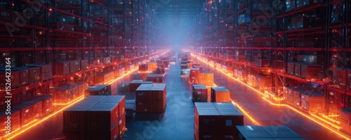 Futuristic Warehouse with Neon Lighting and Shipping Containers in a High-Tech Industrial Environment