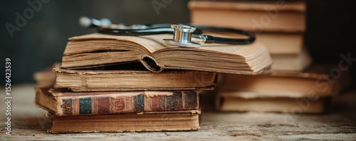 Vintage Books and Stethoscope on Wooden Surface for Medical or Educational Concepts
