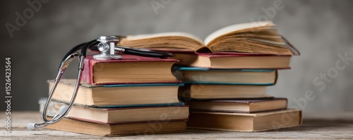 Stacked Medical Textbooks with a Stethoscope on a Rustic Wooden Table Surrounded by a Soft Gray Background