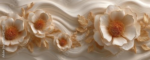 Elegant cream and gold floral design with three-dimensional flowers on a flowing silk backdrop