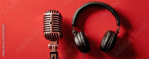 Vintage microphone and modern headphones on vibrant red background, showcasing sound and music technology in harmony