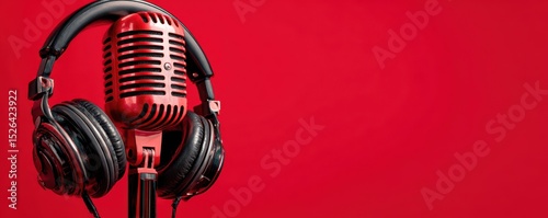 Vintage red microphone with black headphones on a bright red background, perfect for music, podcasting, and audio content creation