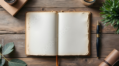 *Tactile Planning Flat-Lay – Handmade Paper Planner with Deckle Edges on Reclaimed Wood Desk (Copy Space Left)*  