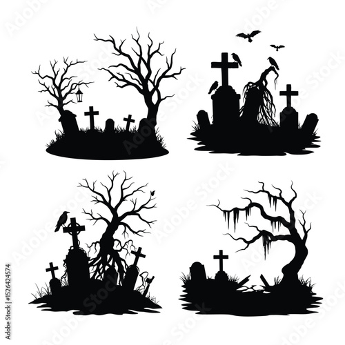 Haunted Graveyard Silhouette Vector Set with Spooky Trees, Crosses, Crows, and Bats for Halloween .