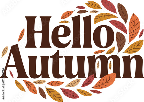 Hello Autumn Fall Season Typography with Leaves Vector  Design .