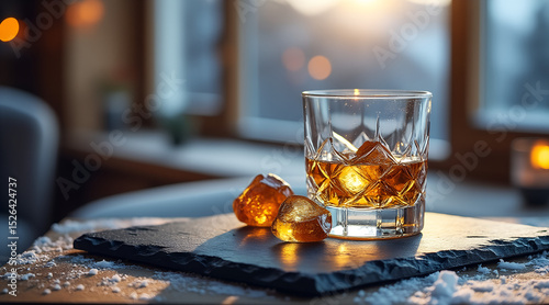 Alpine Luxury Whiskey Tumbler – Crystal Glass on Slate Board with Snow-Lit Chalet Ambience – High-Key Editorial Shot (Copy Space Left)
