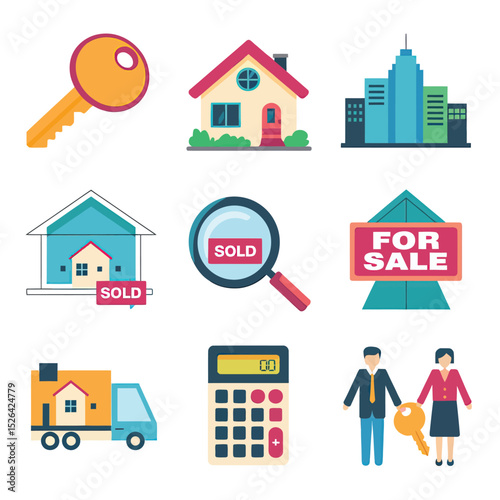 vector icons real estate business house key, symbolizing ownership new home House Sold Sign icon "Sold" sign in front, representing successful real estate 
