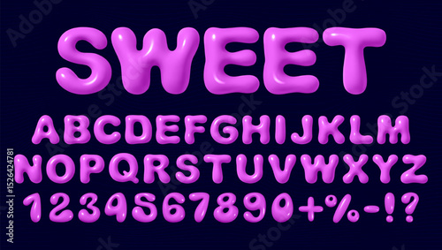 Glossy 3d inflated bubble font, english letter and balloon alphabet in y2k style. Plastic paper text and number for school kids. Shiny metal cartoon font for birthday party invitation or coloring book