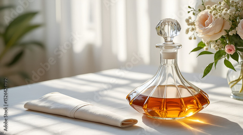 Soft Minimalism Vintage Crystal Decanter – Aged Amber Liquid on White Linen with Sunlit Warmth – Editorial Lifestyle Shot (Copy Space Left)