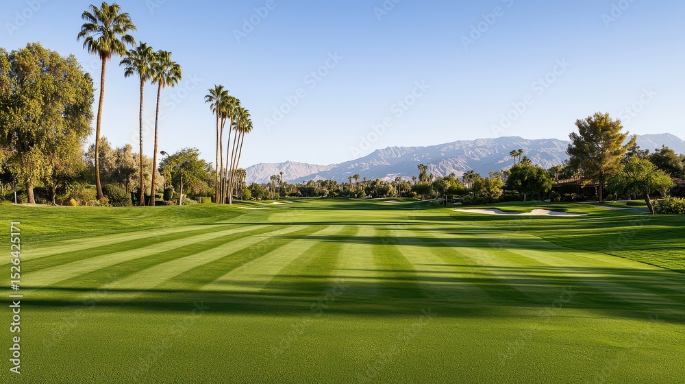 Obraz premium Serene Golf Course Landscape with Lush Green Fairway and Palm Trees Under Clear Blue Sky