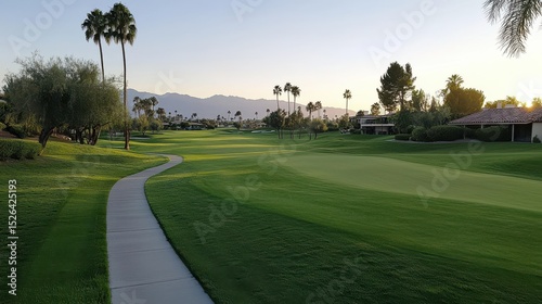 Serene Sunset Over a Lush Golf Course Surrounded by Palm Trees and Mountains in a Tranquil Setting