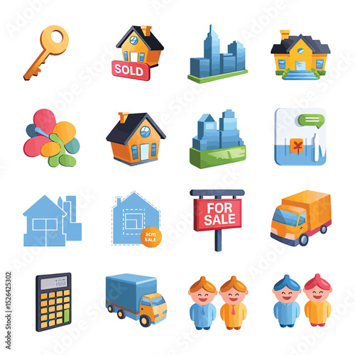 vector icons real estate business house key, symbolizing ownership new home House Sold Sign icon "Sold" sign in front, representing successful real estate 
