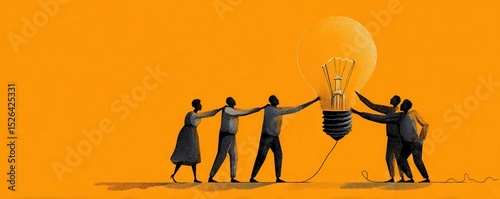 Collaboration and Creativity in Teamwork with Light Bulb Symbolizing Innovative Ideas Against Vibrant Orange Background
