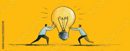 Two People Collaborating to Hold a Large Light Bulb Symbolizing Ideas and Innovation Against a Bright Yellow Background