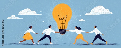 Group of Diverse People Collaborating to Lift a Bright Idea Light Bulb Against a Sky Background