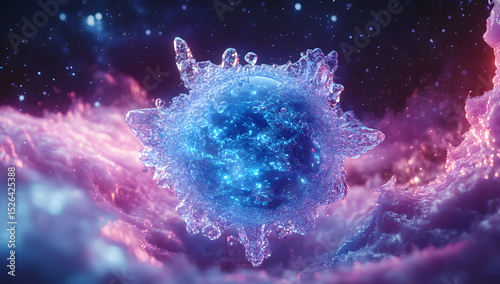 Blue science technology glass bubbles, cosmetic moisturizing water molecules, Cosmetic essence, liquid oil foam, glass texture, space galaxy, 3D rendering