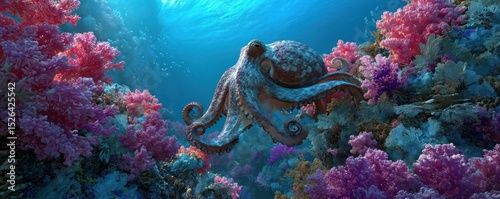 Colorful Coral Reef with a Magnificent Octopus Swimming Gracefully Underwater in a Vibrant Marine Ecosystem