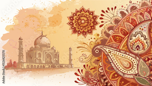 Vector Traditional Indian Motifs Watercolor Background – Paisley & Mandala Patterns in Warm Tones – Cultural Artistic Design with Copy Space