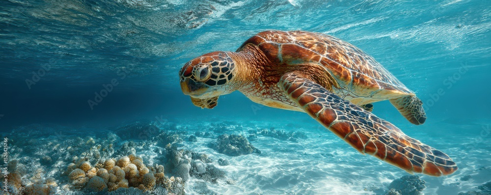 Fototapeta premium Graceful Sea Turtle Swimming Above Colorful Coral Reef in Vibrant Turquoise Ocean Water Under Sunlight