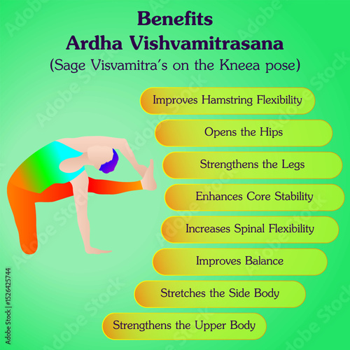 Benefits of practicing Ardha Vishvamitrasana yoga pose. Sage Visvamitra on the Knee yoga pose. Isolated vector illustration
