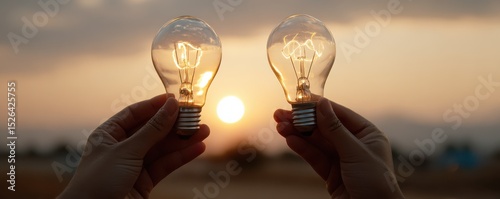 Two Hands Holding Light Bulbs Against a Beautiful Sunset Background in an Outdoor Setting