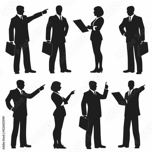 Silhouette of business people in suits pointing, holding briefcases and documents in various poses created with generated ai
