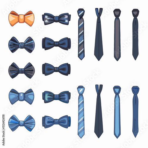 Collection of bow ties and neckties in various colors and designs arranged on a white background created with generated ai