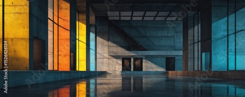 Modern Minimalist Interior with Colorful Glass Panels and Concrete Architecture in Contemporary Space