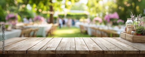 Rustic Wooden Table with Flower Arrangement in an Outdoor Dining Setting for Celebrations and Gatherings