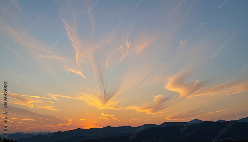 Naklejka premium sunset sky with dim sunlight casting warm tones over mountains, captured in sharp 4k resolution.