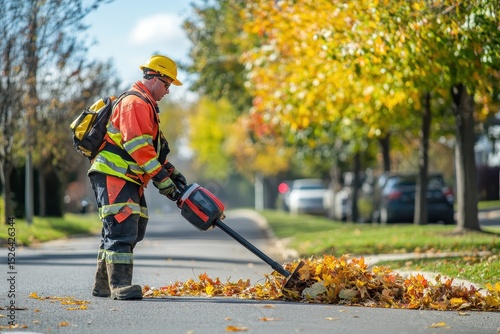 Autumn Worker Using Leaf Blower to Clean Street Leaves Outdoors
