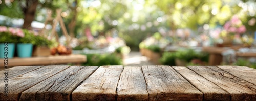 Wooden Table Surface with Garden Background Full of Fresh Flowers and Green Plants in Bright Outdoor Market Settings