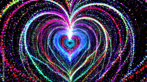 Colorful heart-shaped pattern with vibrant swirling lights against a dark background.
