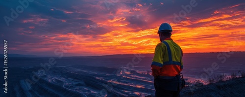 Worker in Safety Gear Observing Beautiful Sunrise Over Mining Site with Vibrant Colors in the Sky