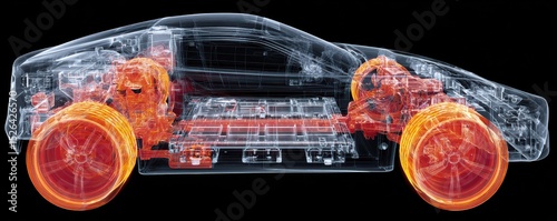 Transparent electric car with visible components and futuristic design showcasing innovation in automotive technology and engineering