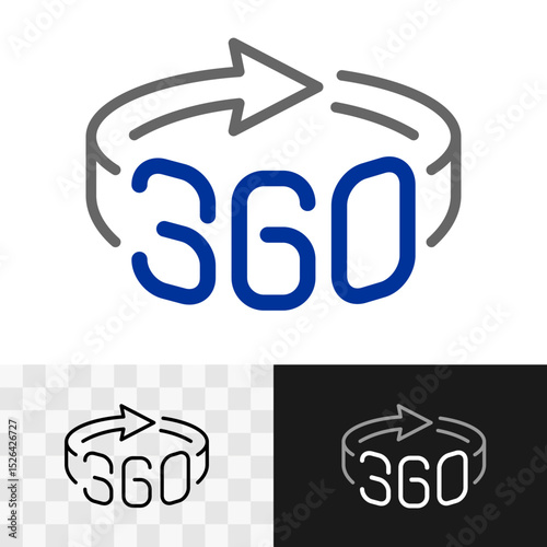 360 degree panorama view icon. Arrow rotation in 3d isometric with digit symbols
