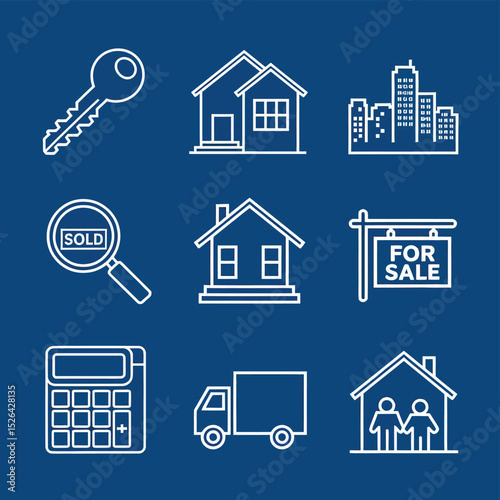 vector icons real estate business house key, symbolizing ownership new home House Sold Sign icon "Sold" sign in front, representing successful real estate 
