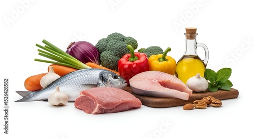 Healthy Balanced Diet Ingredients - Fresh Fish, Meat, Vegetables, and Olive Oil on White Background