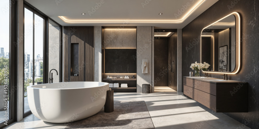 custom made wallpaper toronto digitalFuturistic bathroom in soft charcoal, featuring smart mirrors that offer skincare advice based on real-time analysis and AI-powered showers that