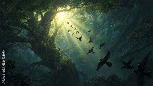 Birds Taking Flight in a Mystical Sunlit Forest