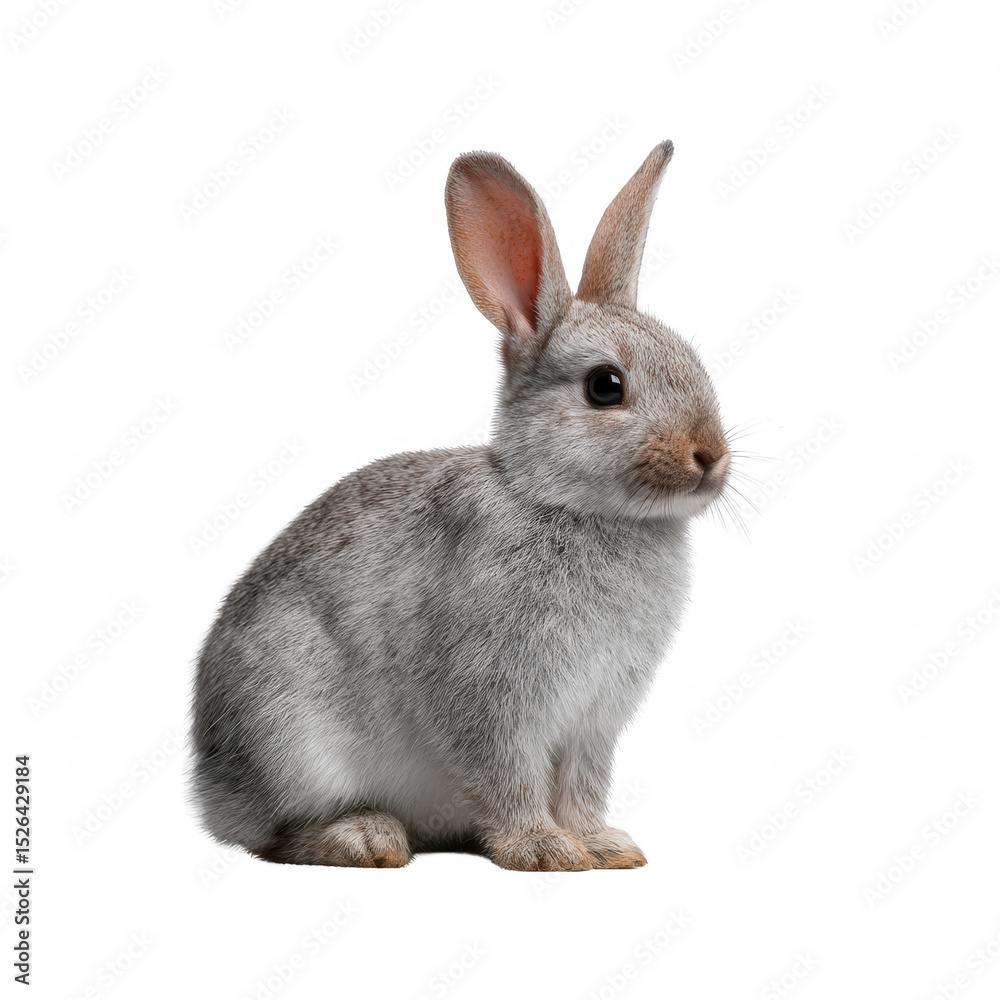 Fototapeta premium A cute, gray rabbit with soft fur, sitting gracefully against a white isolated background, showcasing its vibrant personality and fluffy features.