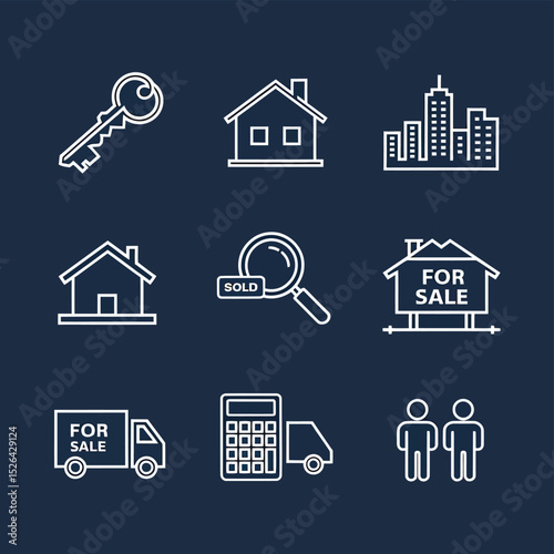 vector icons real estate business house key, symbolizing ownership new home House Sold Sign icon "Sold" sign in front, representing successful real estate 
