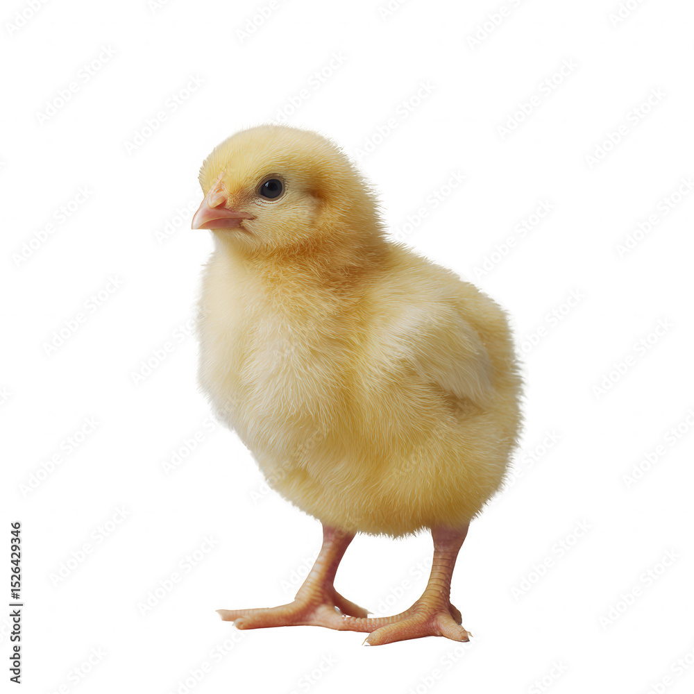 Obraz premium A cute yellow chick standing on a white isolated background, showcasing its fluffy feathers and adorable features, perfect for nature-related themes and animal lovers.
