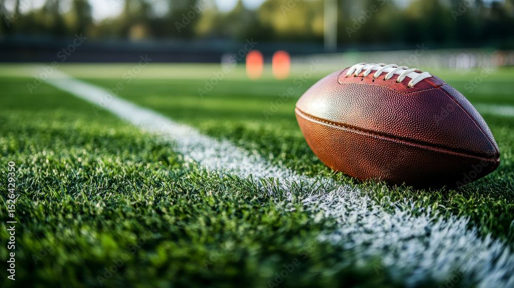 Obraz premium Close-up view of an American football resting on a grass field, positioned on the yard line. A classic, generic sports image.