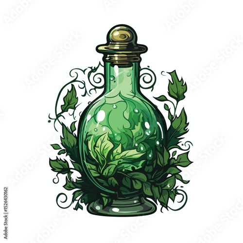 Mystical Esoteric Spell Bottle with Leafs Vector Illustration for Magical Design Projects
